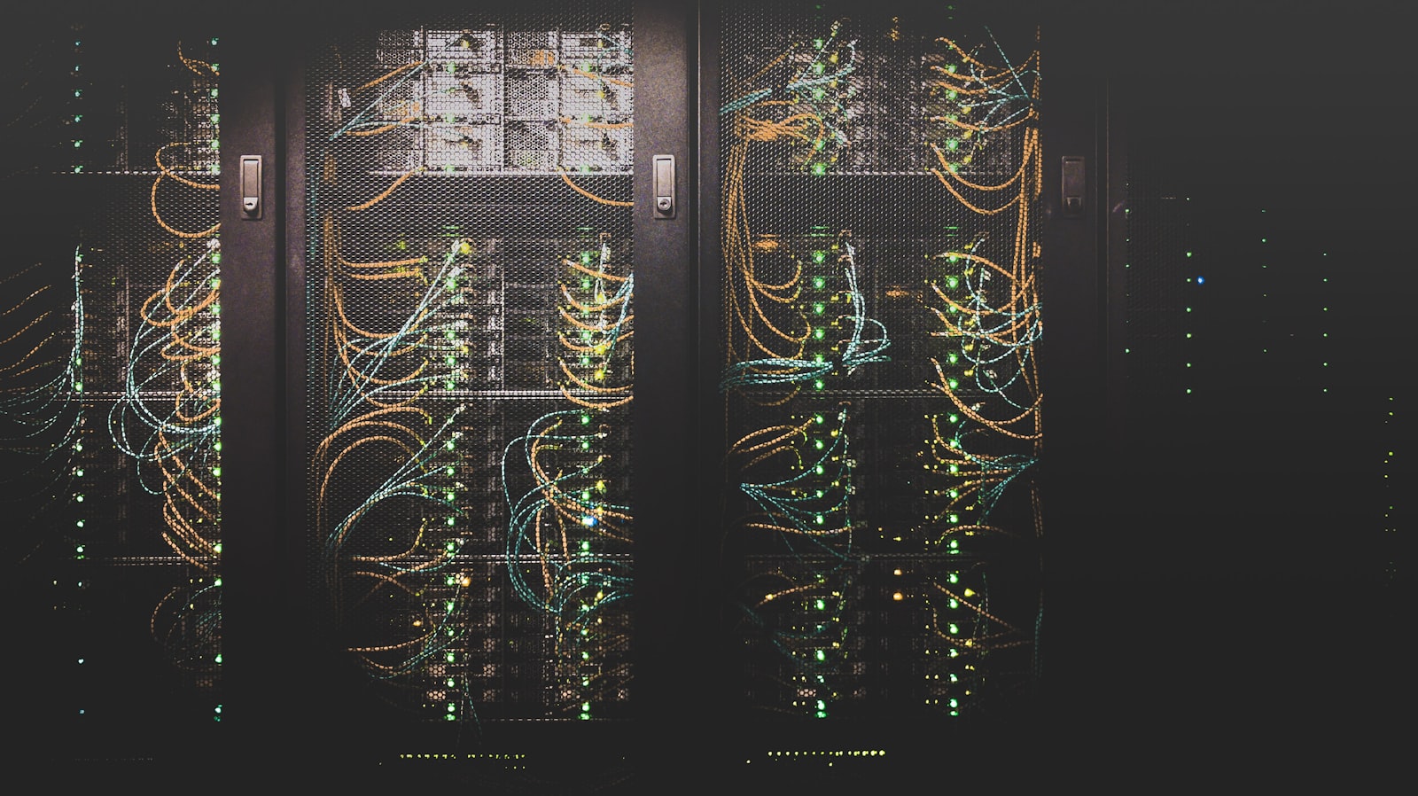 Data centre server rack with blue ambient lighting