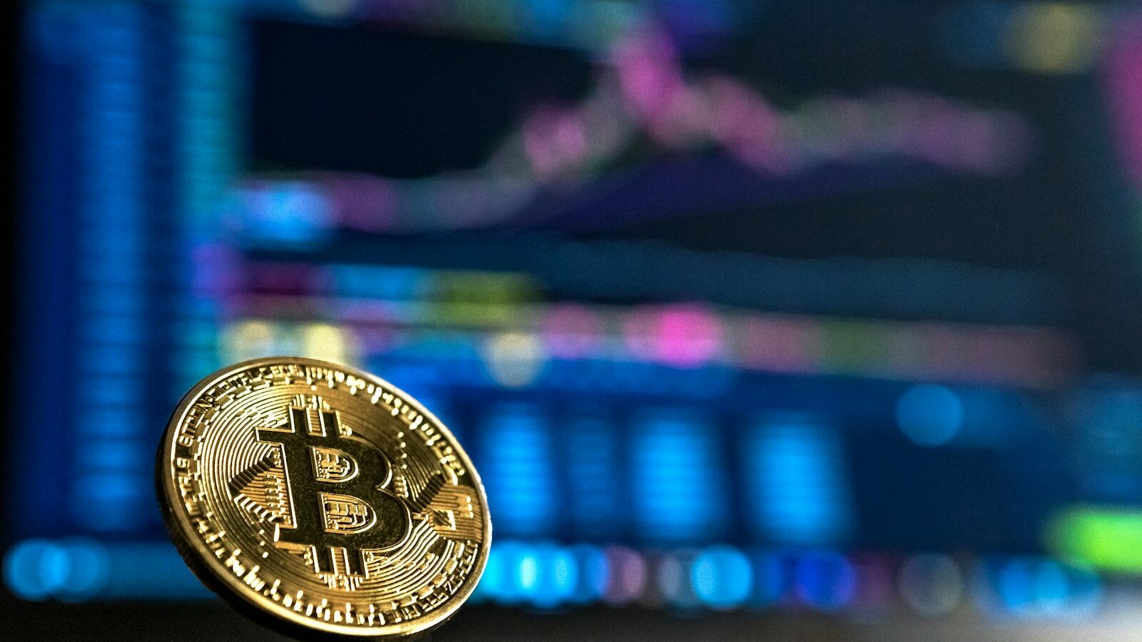 Bitcoin coins arranged on a flat surface